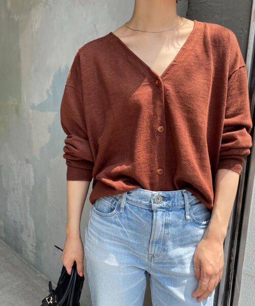 ☆ 美品 Spick & Span スピック & スパン ハイゲージリネンVネックカーディガン ブラウン ☆