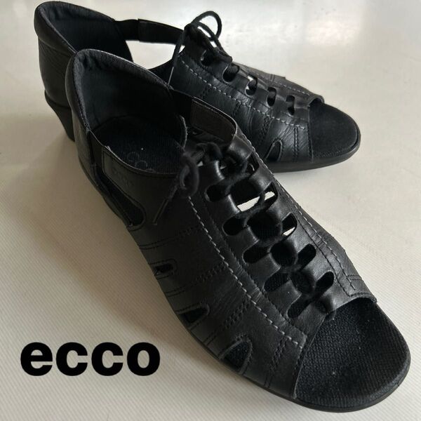 百貨店購入【ecco】エコー レースアップ オープントゥ サンダル 黒 24cm