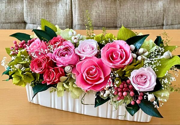 **..ピンクローズのロマンティックアレンジ..*°.お花の贈り物 プリザーブドフラワー