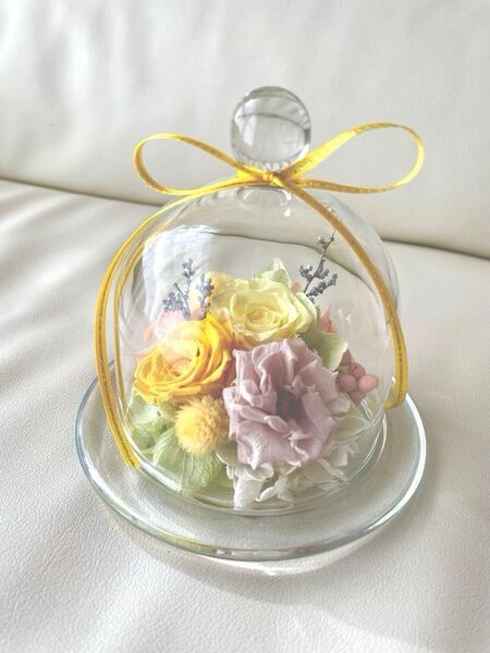 **..レモンイエローの可愛いガラスドーム..**.プリザーブドフラワー お花の贈り物 インテリア
