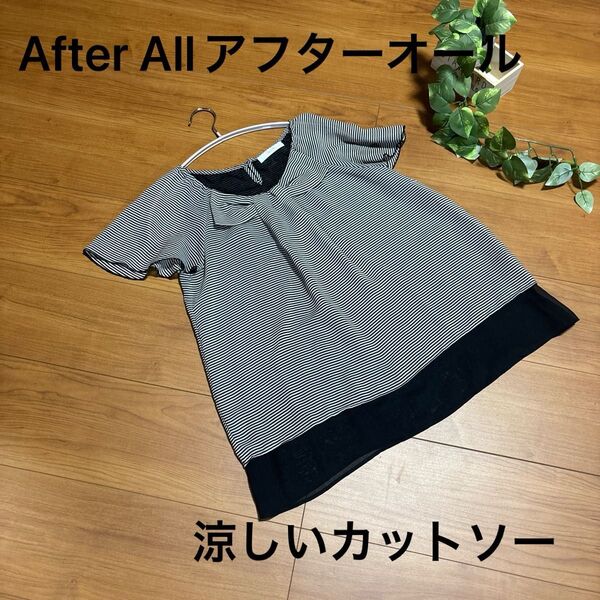 値下げ!After All アフターオールの夏ボーダー リボン型カットソー袖、裾ふんわりかわいい!シフォンブラウス とろみ系
