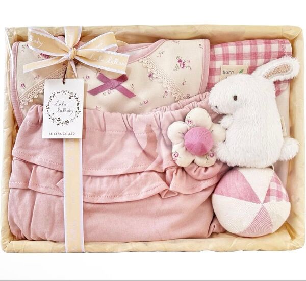ルルララバイ ビセラ製作所 出産祝いセット 花を摘むうさぎ Mカゴ ピンク 6点セット 日本製