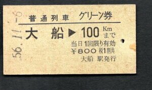 Ｓ５６普通列車グリーン券（大船→１００㎞まで）大船駅