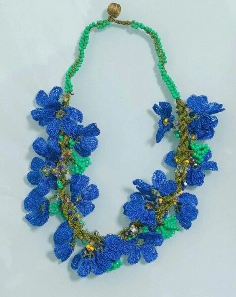 o69 トルコ お花刺繍 オヤ刺繍 ネックレス ブルー グリーン ビーズ ミミオヤ刺繍ネックレス ミミオヤ刺繍アクセサリー