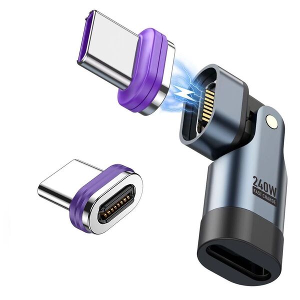マグネット USB-C 変換アダプタ16Pin PD240W 180°回転 Type-C 変換アダプタ 480Mbps データ転送