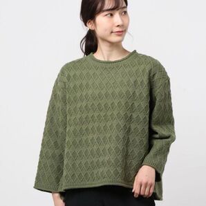 coen 長袖ニット ダイヤケーブルニットプルオーバー グリーン 長袖ニット