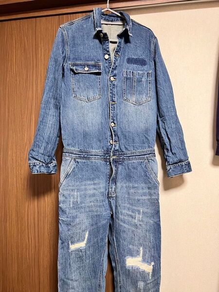 デニム つなぎ ダメージ加工 インディゴブルー