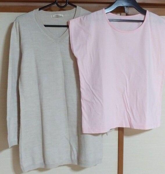 まとめ売り 春ニット長袖ベージュ Vネック ベーシック フレンチスリーブTシャツピンク シビラ 紫 S