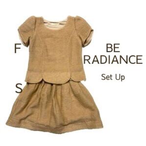 BE RADIANCE ビーラディエンス ウール混 スカラップ トップス フレアスカート ベージュ 上下セット セットアップ 半袖