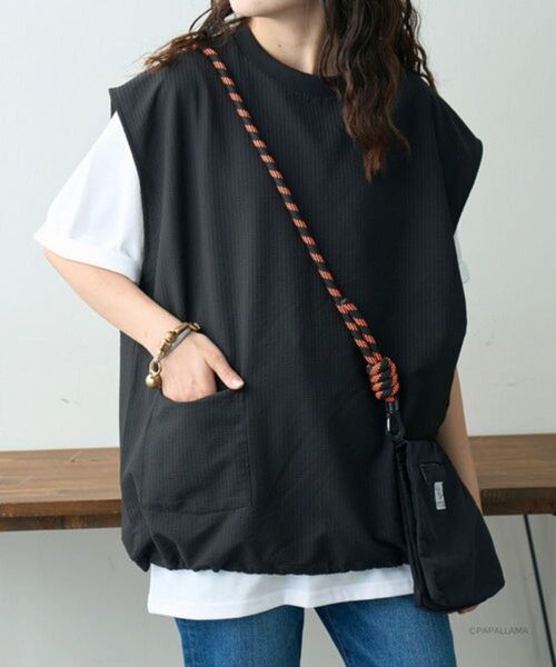 CHAOPANIC TYPY ストレッチシアサッカーアンサンブルベスト ブラック トップス 古着 美品 黒 夏物 サイズL