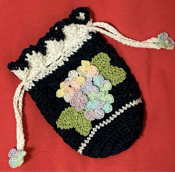 手編み ハンドメイド レース編み 紫陽花のペットボトルカバー ミニ巾着 小物入れ