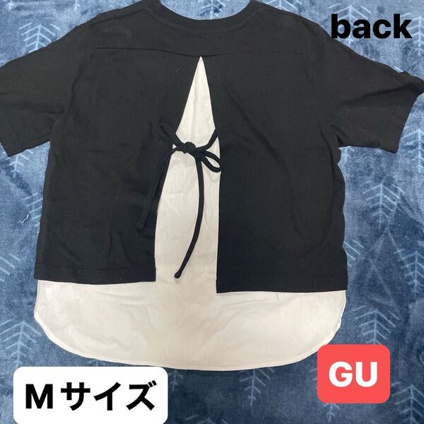 GU レイヤード風 バックリボン カットソー (ブラック系)背中リボン トップス カットソー Tシャツ Mサイズ