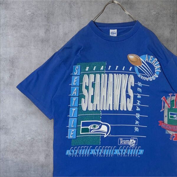 USA製 90s NFL SEAHAWKS マルチプリント Tシャツ XL 青 シングルステッチ vintage ビンテージ