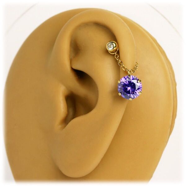 立爪チェーンバーベル ゴールド色 パープル 軟骨ピアス ボディピアス ヘリックス 可愛い 14G
