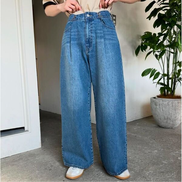 しまむら ぷーさん ホック付きワイドデニムパンツ