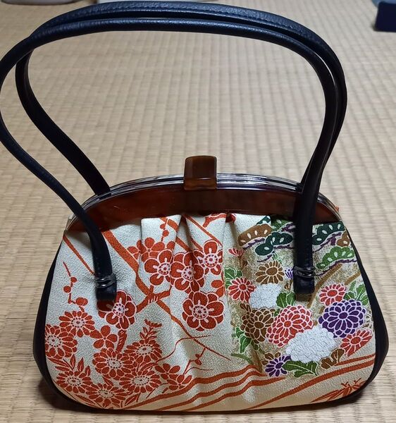 昭和レトロ 手作り品 反物バック 着物生地 和装バッグ がま口 花柄 和柄 タンス保管品