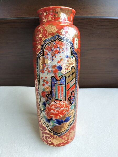 【未使用品シール付き】九谷焼 西峰 金彩御所車新鼓 花瓶 花器 華道具