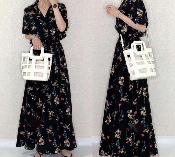 ワンピース レディース 夏 キレイめ マキシ丈半袖 シフォンワンピ 花柄 ロング丈 オシャレ Vネック リゾート【2025年購入】