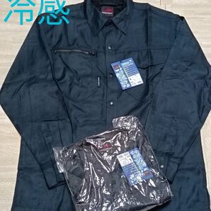 長袖作業シャツ 作業服 作業着 冷感シャツ 吸汗速乾 接触冷感 業務用 紺 ネイビー 2枚セット Lサイズ