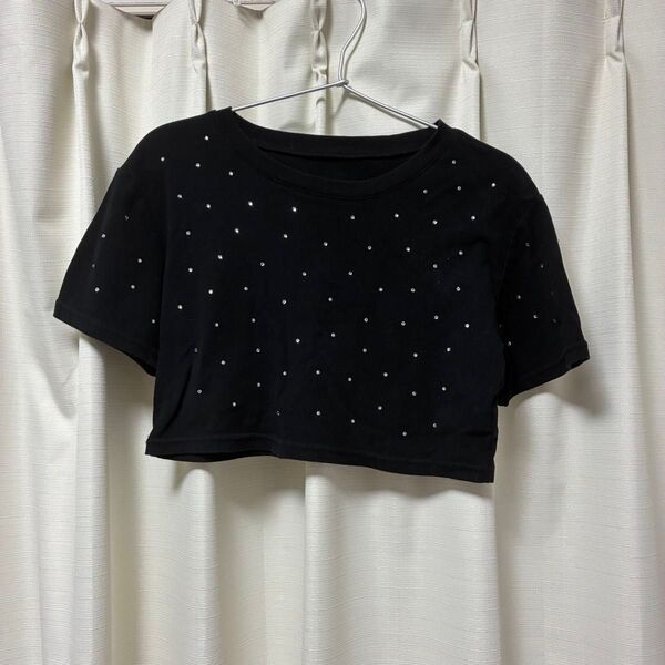 ラインストーン付きショート丈Tシャツ 黒