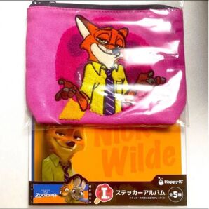 Disney ZOOTOPIA ズートピア Happyくじ C賞 サガラ刺繍ポーチ ニック ピンク I賞 ステッカー 一番くじ