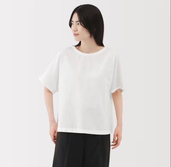 美品 無印良品 ヘンプ コットン 半袖ブラウス 白 L リネン 麻