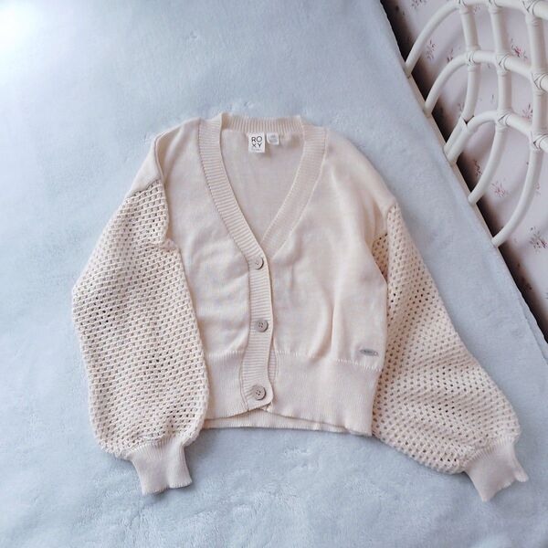 美品 ロキシー ニットカーディガン オフホワイト 白 L ハート