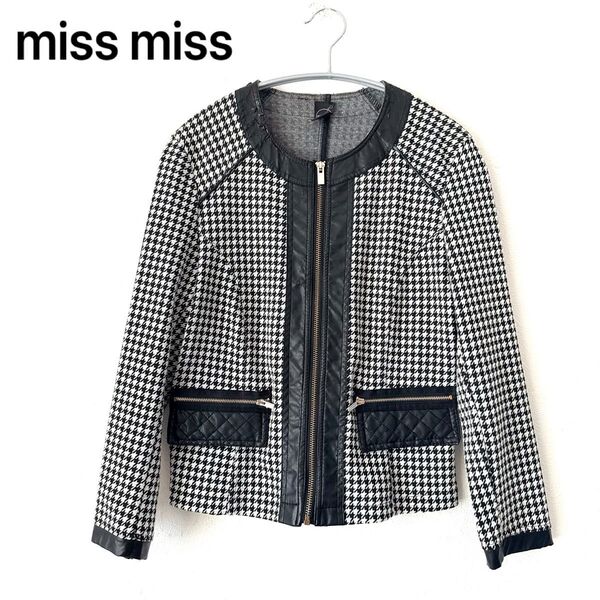 miss miss ジャケット ノーカラージャケット M アウター スーツ 丸首 ブラック ホワイト フォーマル