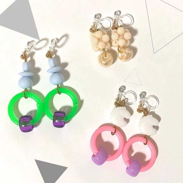 イヤリング ハンドメイド ノンホールピアス 3個 セット レディース アクセサリー