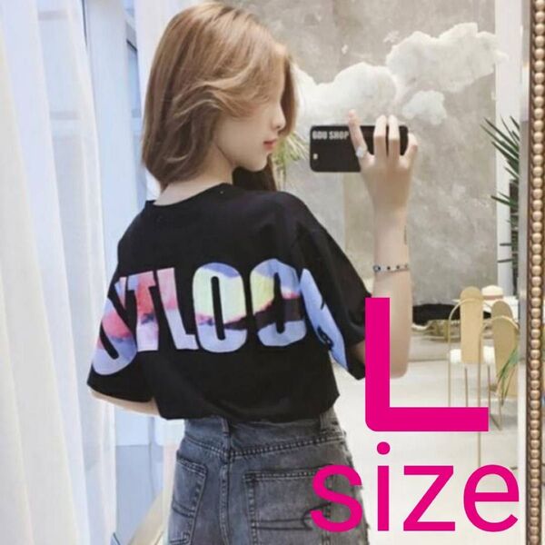 ☆人気商品再入荷☆バックプリントLサイズ 黒 レディース Tシャツ かわいい OUTLOOK ロゴTシャツ