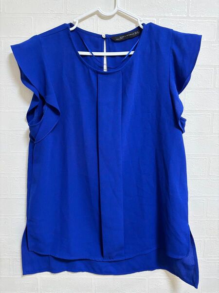 ZARA WOMAN フリル袖ノースリーブトップス ブルー USA S