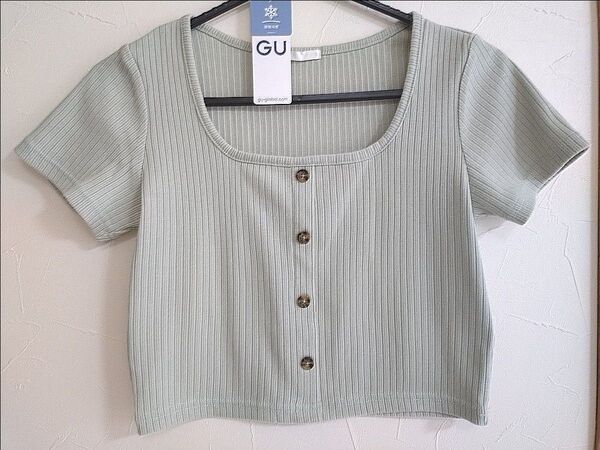 GUリブフロントボタンミニTシャツ グリーン 接触冷感機能あり!