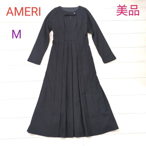 AMERI ワンピース レース使い 幅広プリーツ 両脇ポケット Mサイズ ウエスト後ろゴム ブラック 美品