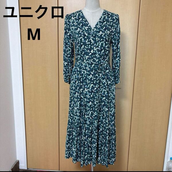 ユニクロ Vネック グリーンフラワー 裾フレア レーヨン ロングワンピ セール♪