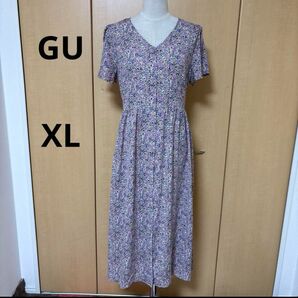 GU XL サラサラ フラワー Vネック ロングワンピ