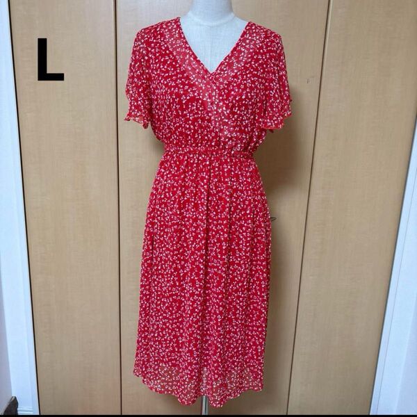 L カシュクール 袖フレア 可愛い赤 シフォン ロングワンピ