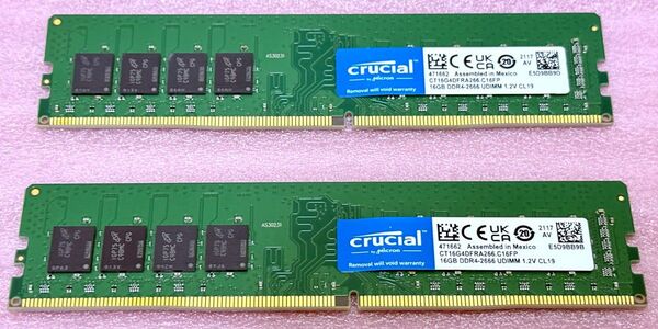 Crucial CT16G4DFRA266 2枚◆PC4-21300/DDR4-2666 DDR4 UDIMM 32GB@16GB