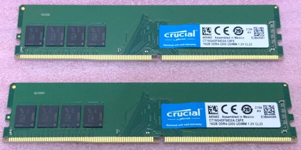 Crucial CT16G4DFS832A 2枚■PC4-25600/DDR4-3200 UDIMM 32GB@16GB 動作品