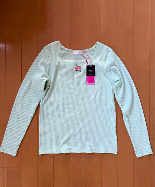 JENNI love トップス 長袖Tシャツ カットソー リブ素材 刺繍 サクランボ ミントグリーン 新品未使用タグ付き