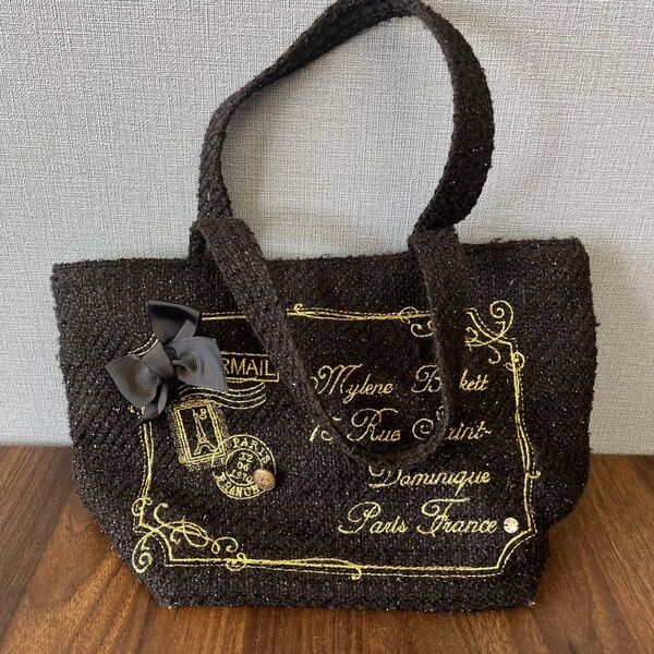 ブラック ゴールド ミニ トートバッグ リボン 刺繍 ツイード