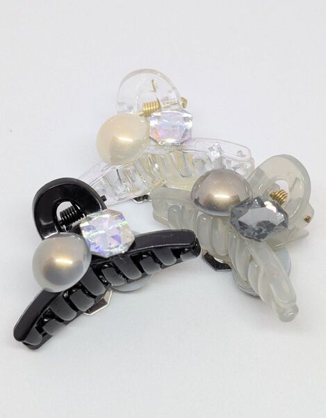 パールビジューミニヘアクリップ3点セット ブラック クリア グレー