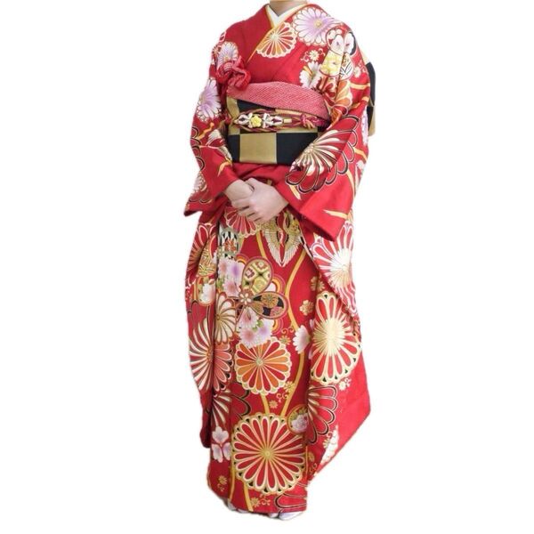 振袖 正絹 市松模様の帯 重ね衿 髪飾り 4点セット 成人式 結婚式