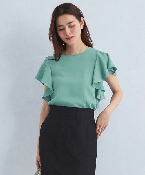 極美品 グリーンレーベルリラクシング フリル スリーブ ブラウス グリーン 3828