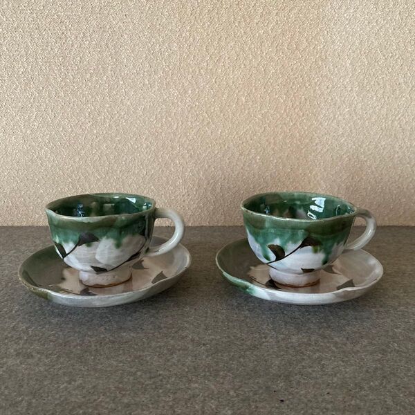 コーヒー碗皿 2客セット コーヒーカップ ソーサー 手作り 陶芸 織部