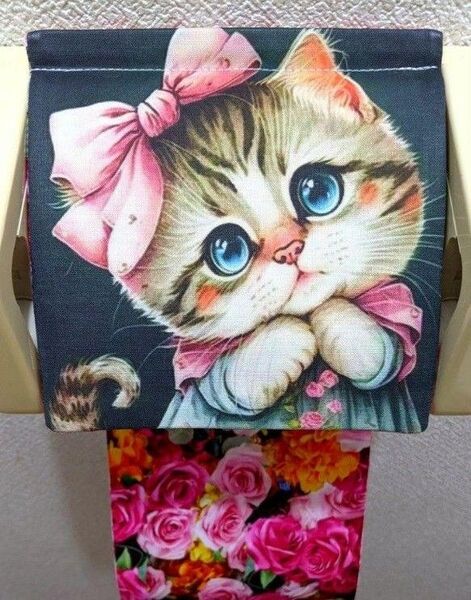 トイレ ペーパーホルダー カバー インテリア 雑貨 日用品 収納 動物 猫 生地 布 花 薔薇 バラ ピンク ハンドメイド ペット