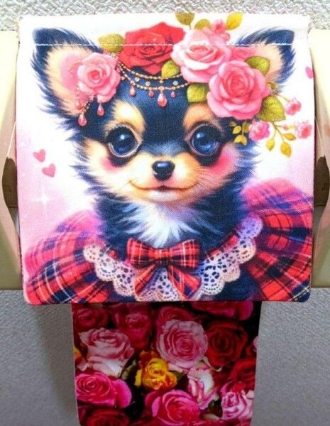 ハンドメイド トイレットペーパーホルダー チワワ ブラックタン 犬 薔薇 洋服 収納 バラ 動物 インテリア 雑貨 日用品 花柄
