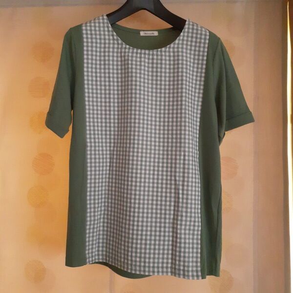 velmeille トップス シャツ カットソー 緑 くすみグリーン チェック Tシャツ カットソー クルーネック 半袖 半袖