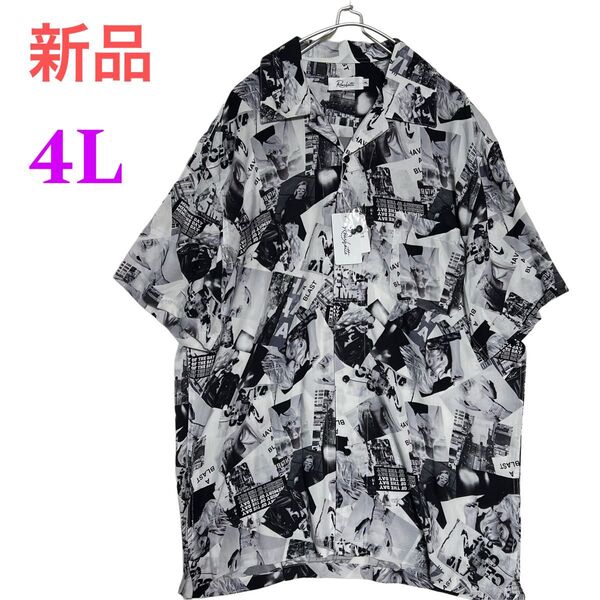《新品》メンズ アロハシャツ 開襟シャツ 半袖 女性柄総柄 4L 大きいサイズ ゆったりデザイン オーバーサイズ モノトーン