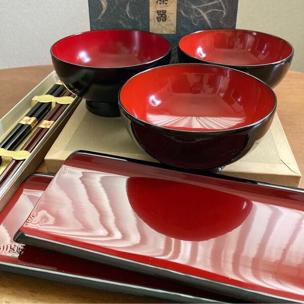 川連漆器 3種7点セット お椀 箸 おしぼり受け トレー 訳あり 伝統工芸品 高級漆器 日本製 木製