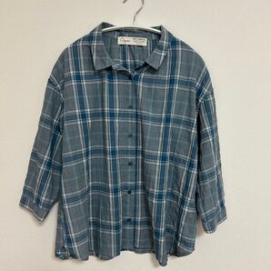 SELF+SERVICE オーガニックコットン チェックシャツ 7分袖 ブルー系